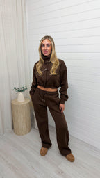 Funnel Neck Crop Jacket and Joggers Tracksuit - BROWN