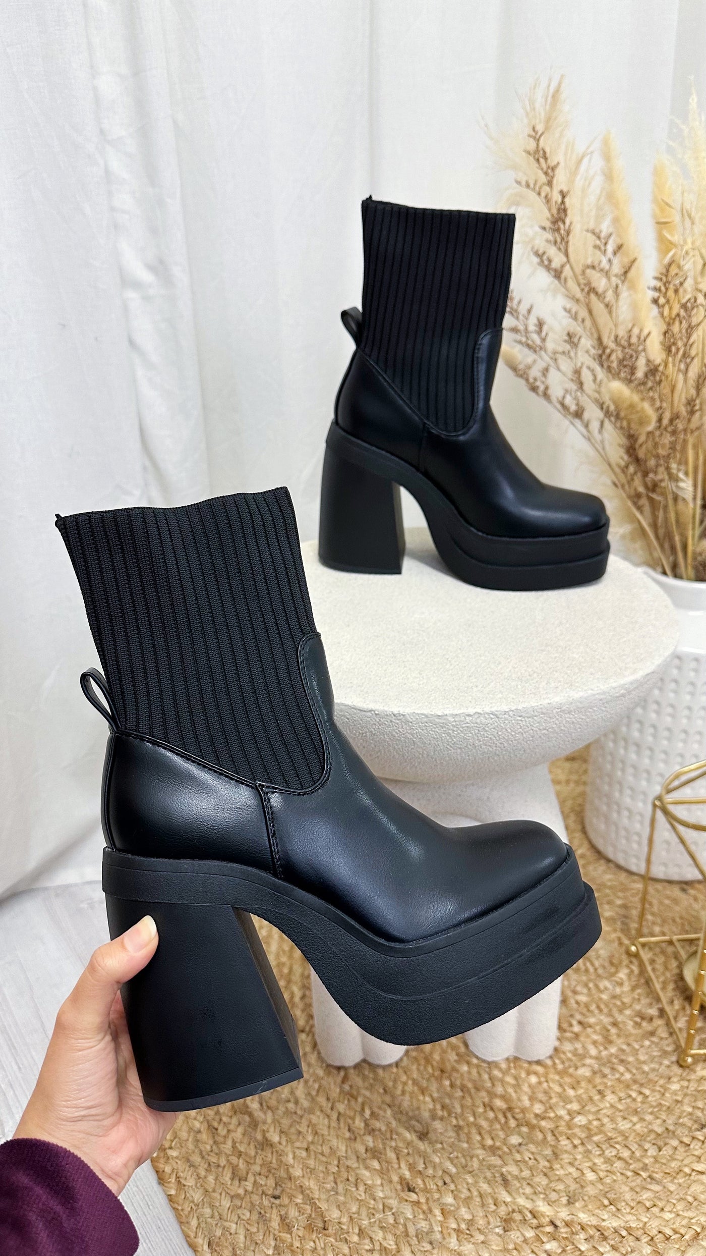 Chunky Platform Heel Sock Boots - BLACK