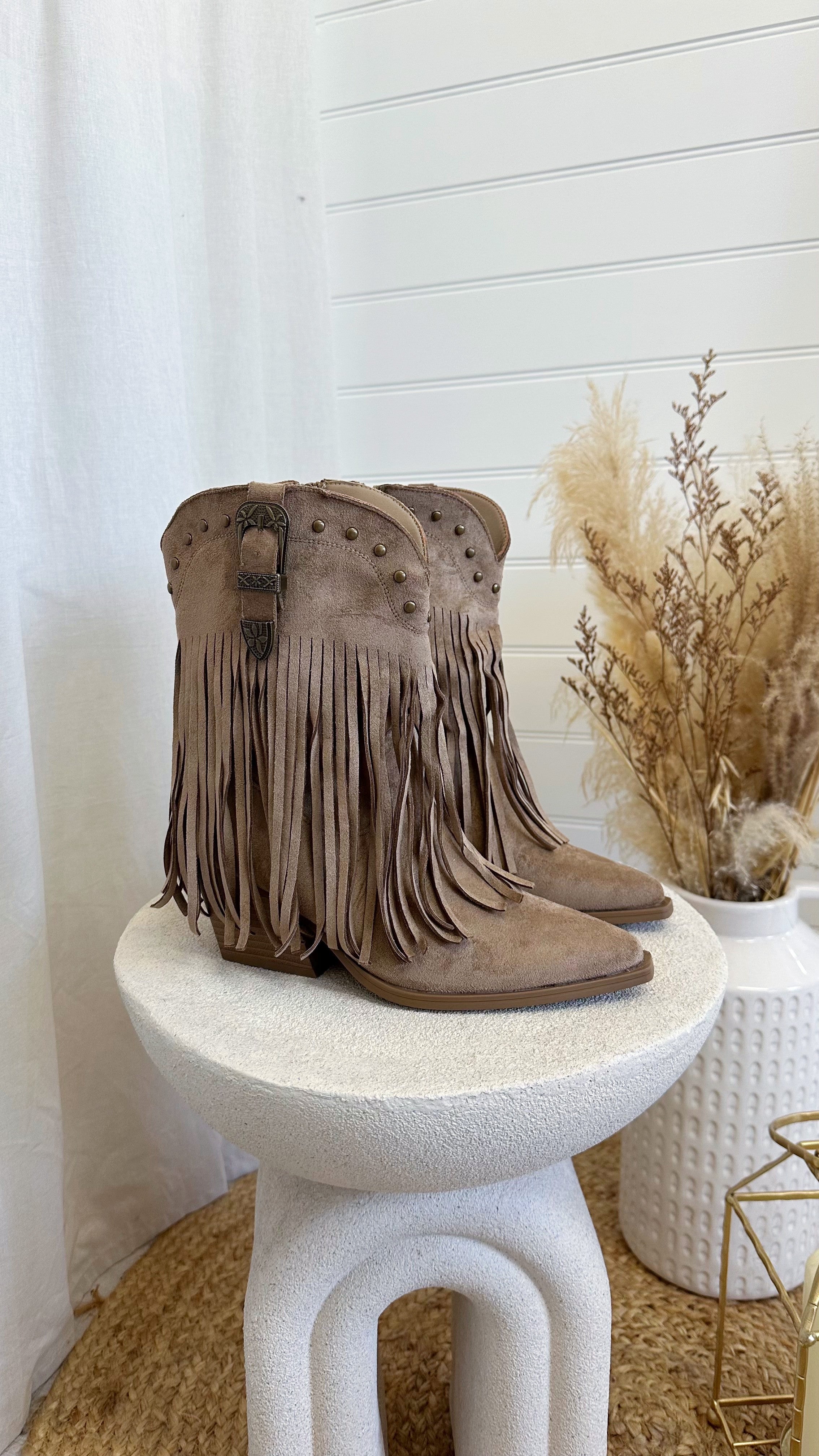 Western Fringe Cowboy Boots - TAUPE