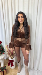 Velvet Rhinestone Belted Playsuit - TOFFEE