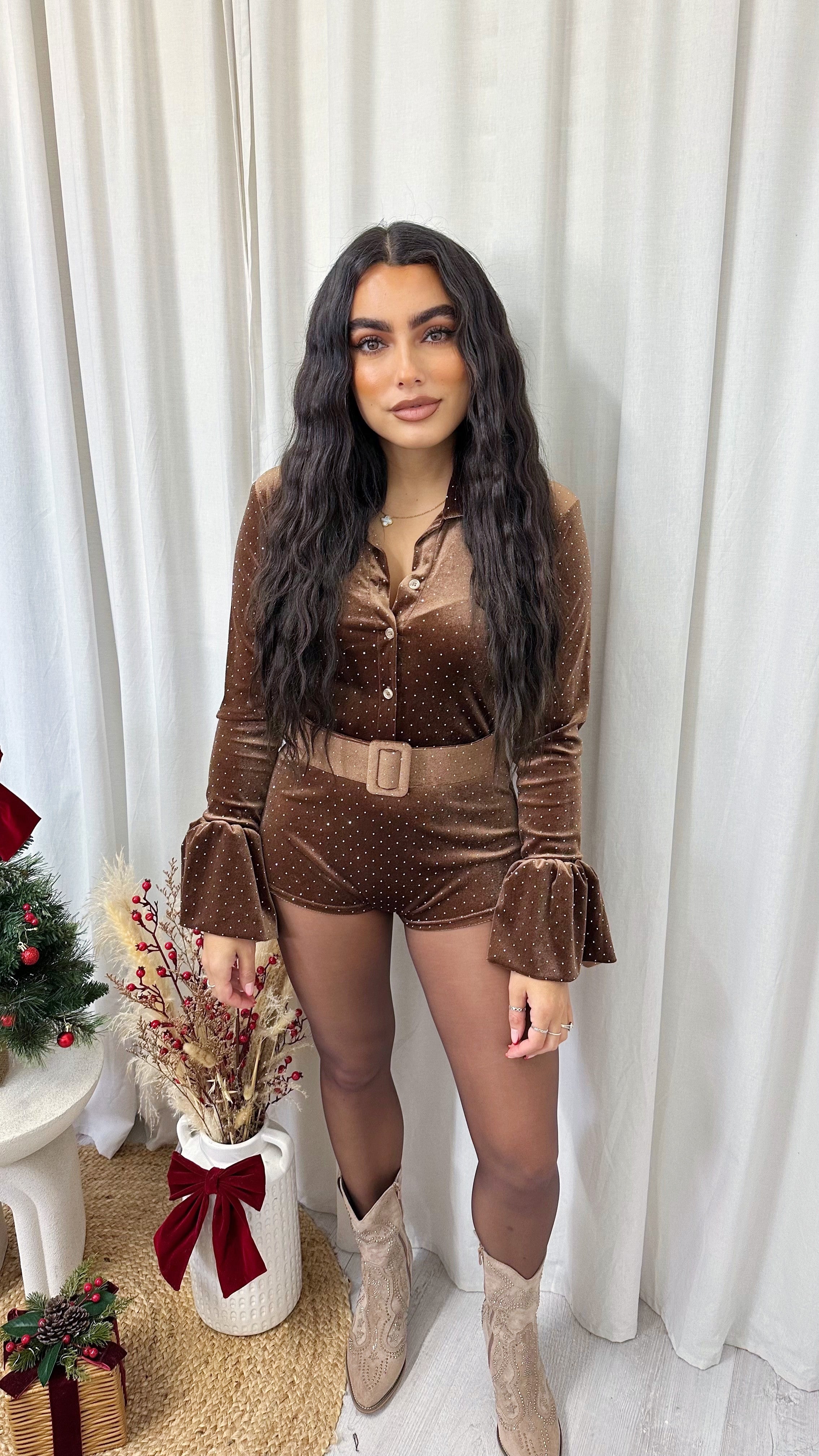 Velvet Rhinestone Belted Playsuit - TOFFEE