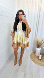 Foil Leaf Beaded Boho Smock Dress - TAN