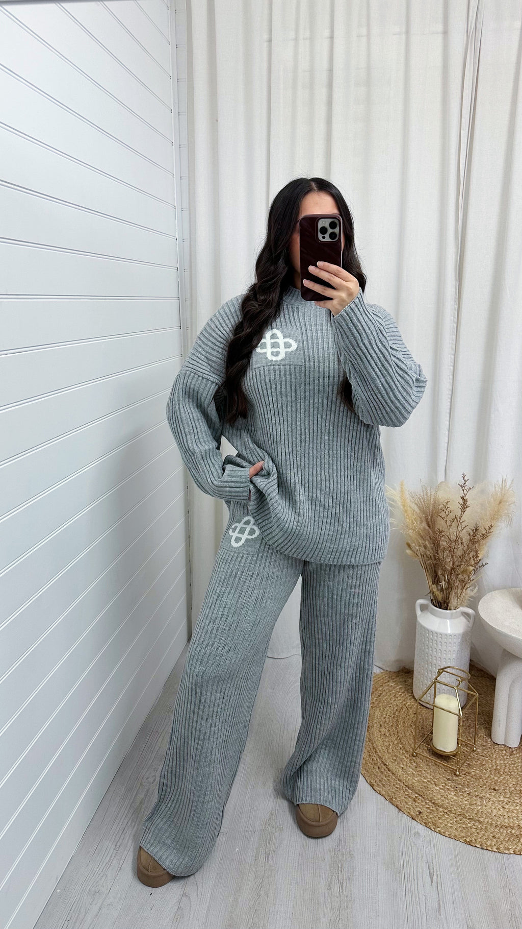 Chunky Ribbed Knit Logo Top and Trouser Co-Ord - GREY