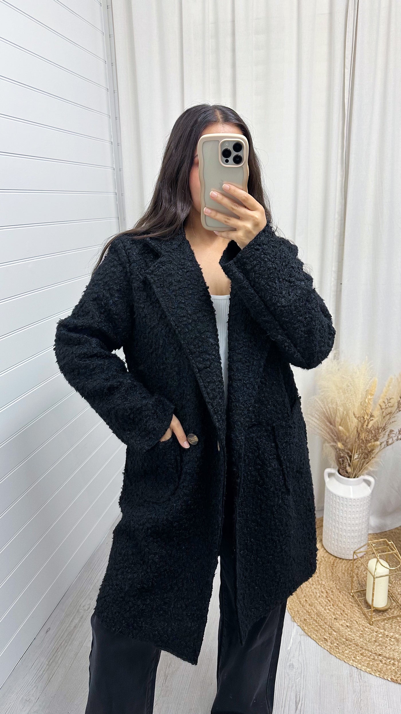 Mid Length Teddy Coat BLACK Altoria