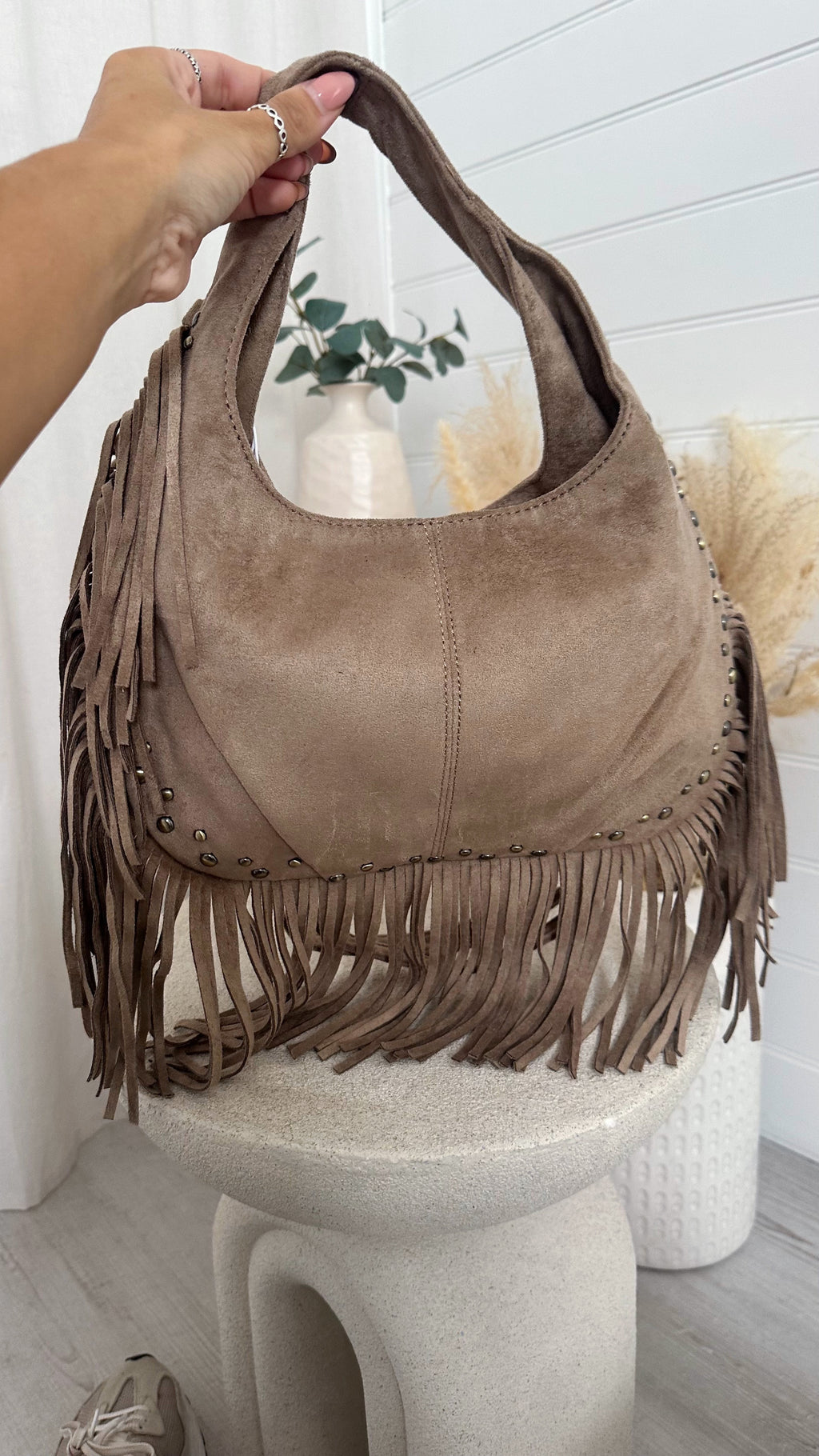 Suede Fringe Bag - BEIGE