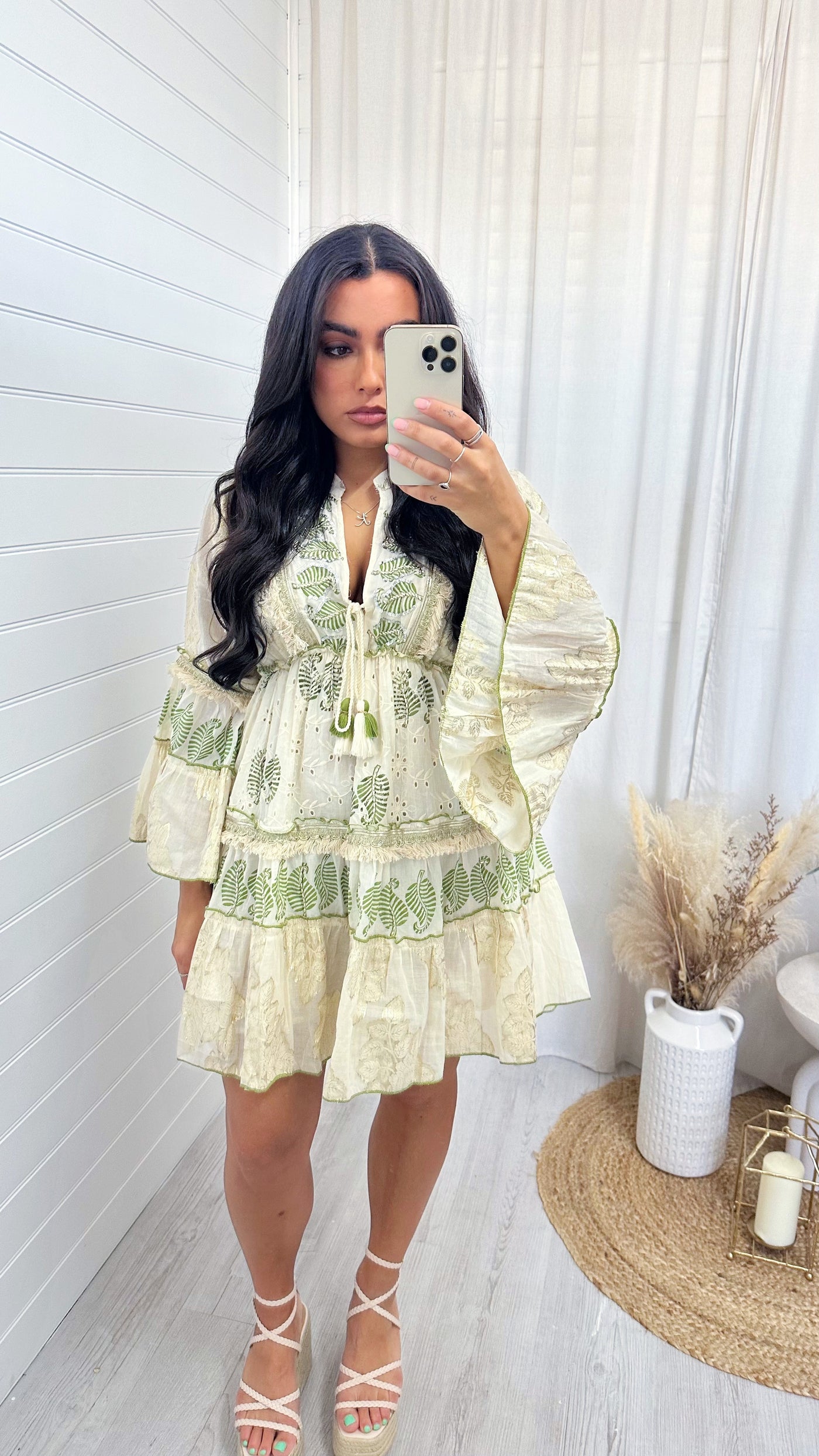 Leaf Print Foil Boho Dress - CREAM/GREEN