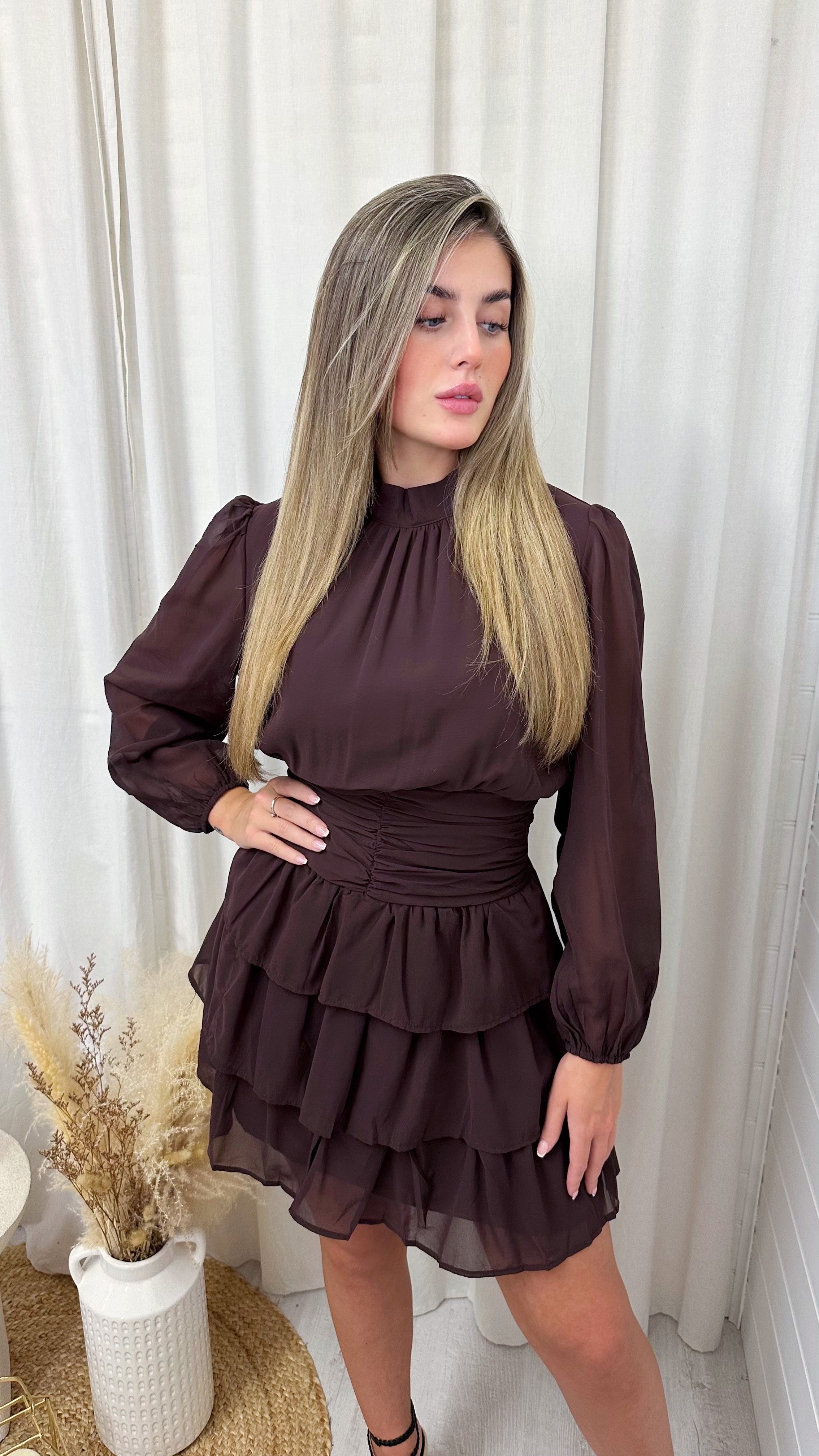 Cinched Waist Chiffon Frill Tiered Dress - BROWN