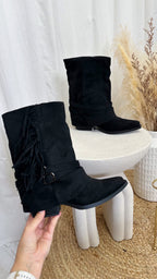 Tassel Trim Suede Cowboy Boots - BLACK