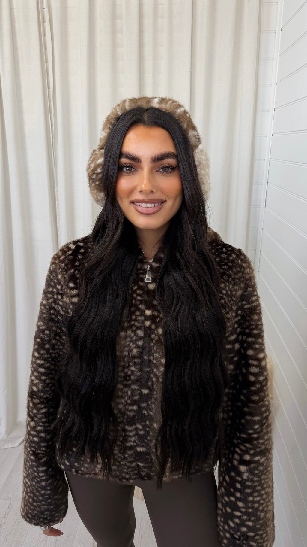 Faux Fur Deer Print Ear Muffs - LIGHT BEIGE
