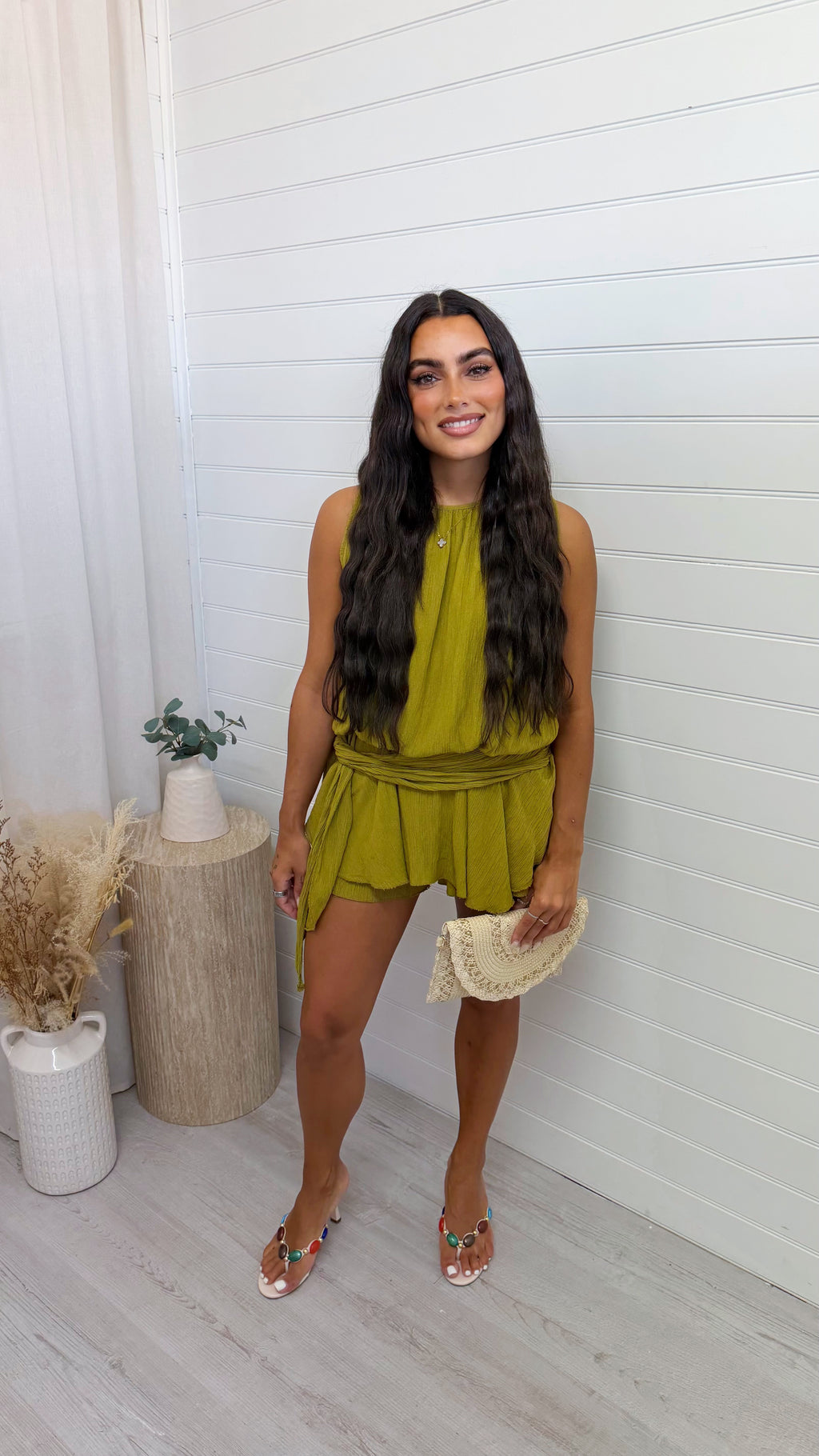 Side Drape Crinkle Playsuit - OLIVE