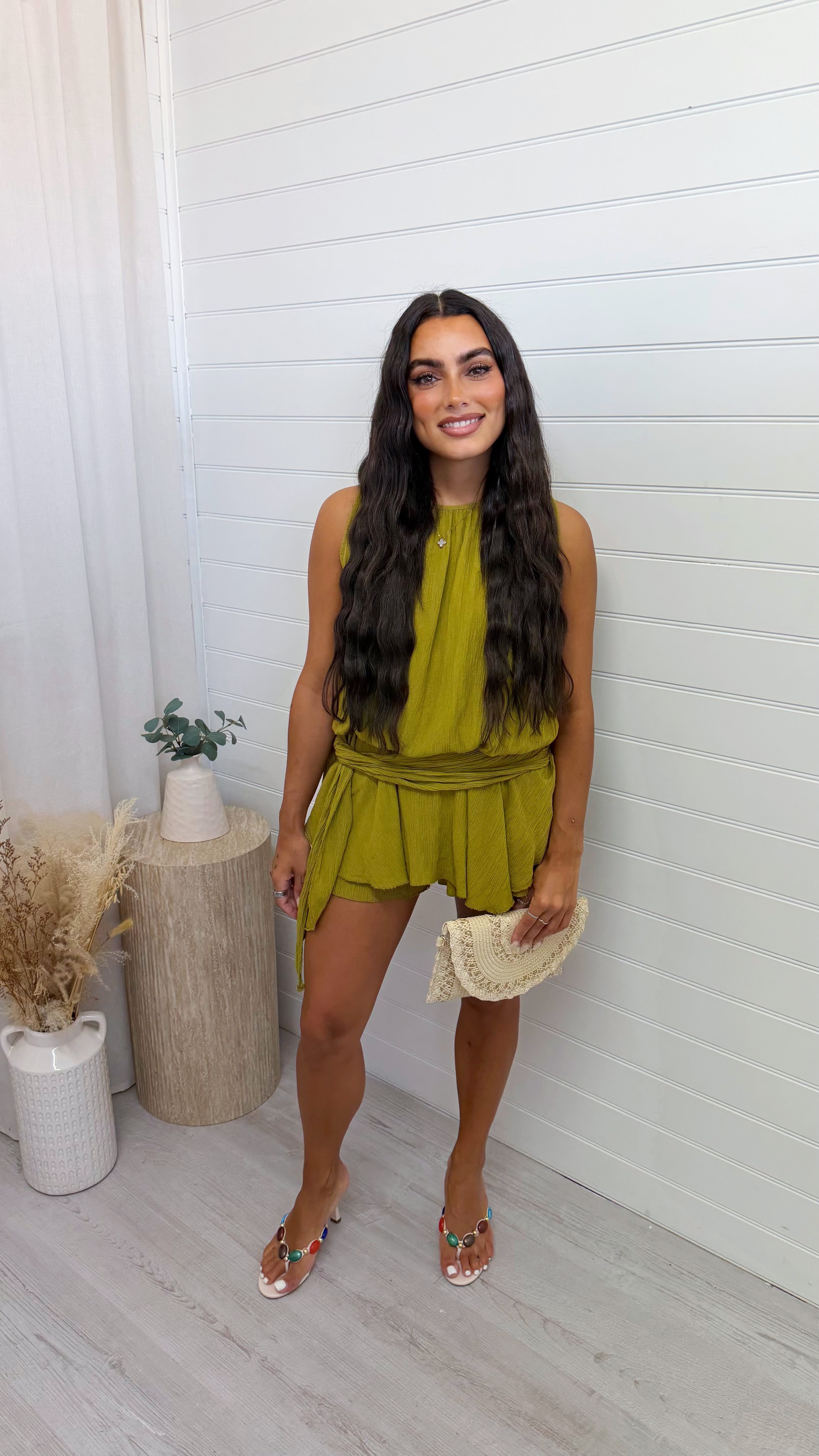 Side Drape Crinkle Playsuit - OLIVE