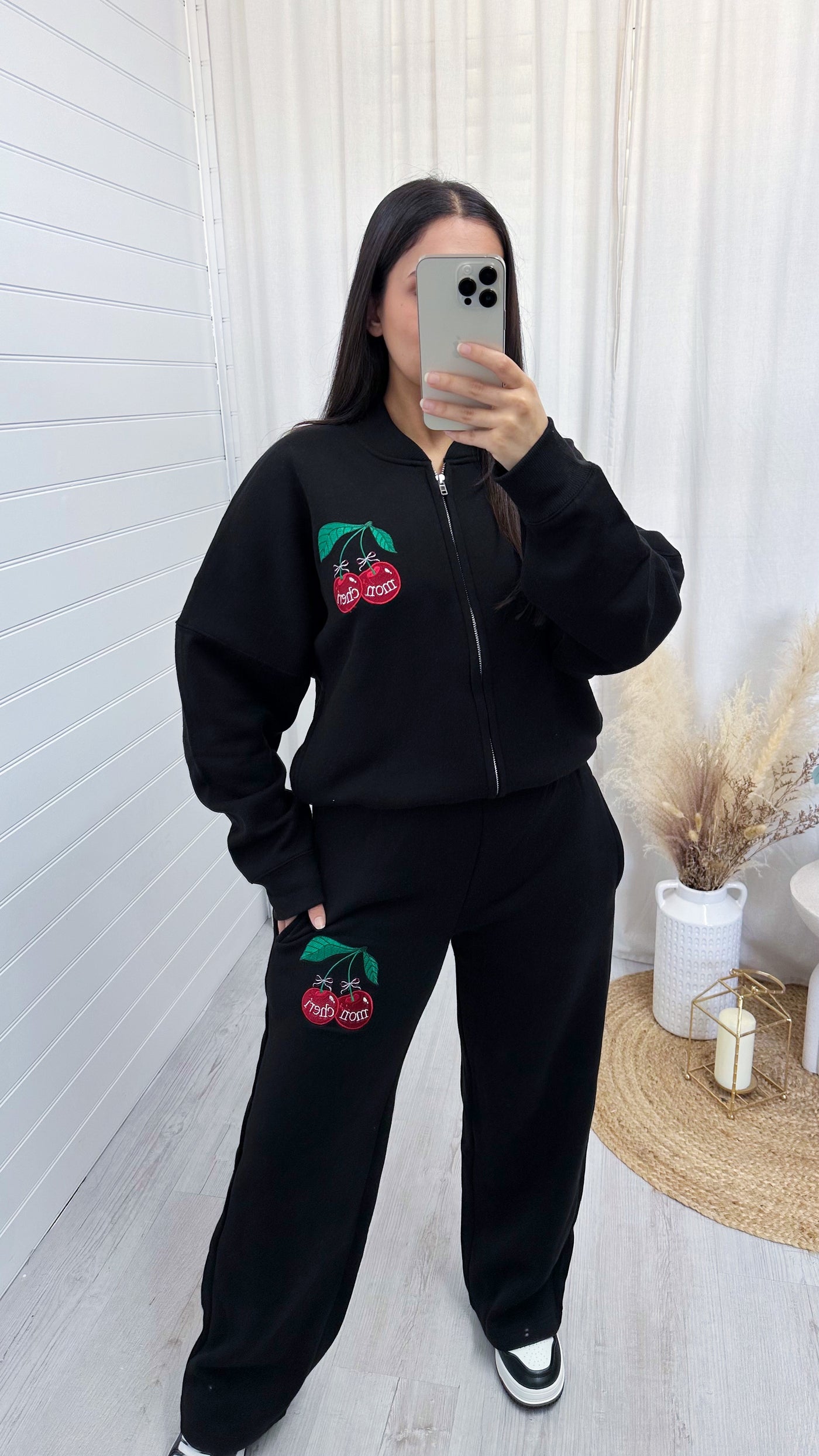 Mini Cherry Embroidered Bomber Jacket and Joggers Tracksuit - BLACK