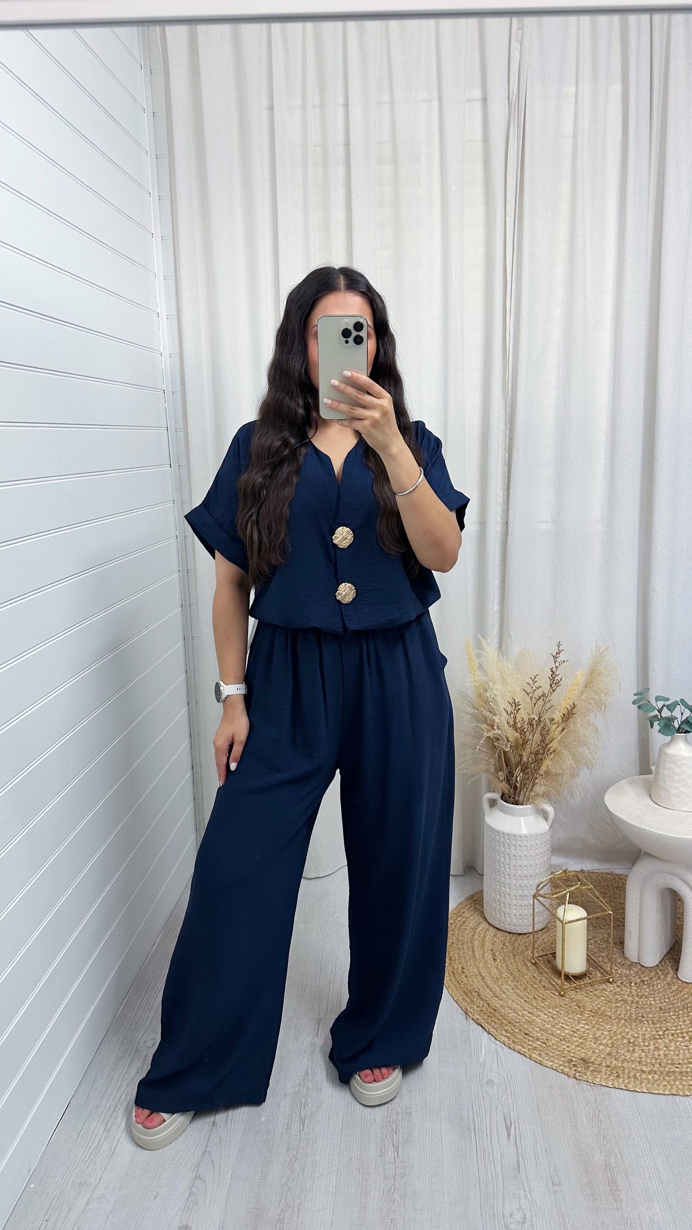 Gold Button V Neck Top and Wide Leg Trousers Co-Ord - NAVY