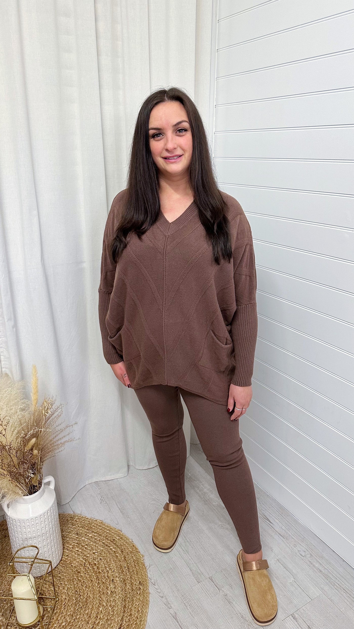 PLUS V Neck Knitted Jumper and Leggings Co-Ord - BROWN