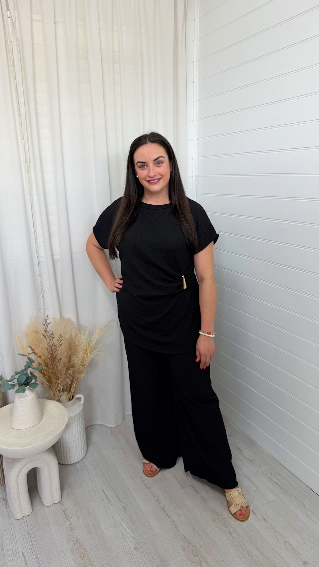 Gold Clasp Ruched Top and Wide Leg Trousers Co-Ord - BLACK