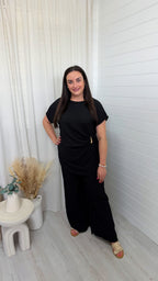 Gold Clasp Ruched Top and Wide Leg Trousers Co-Ord - BLACK