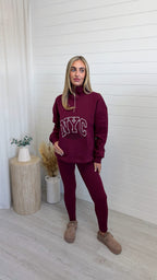 NYC Sweatshirt and Ribbed Leggings Co-Ord - BURGUNDY