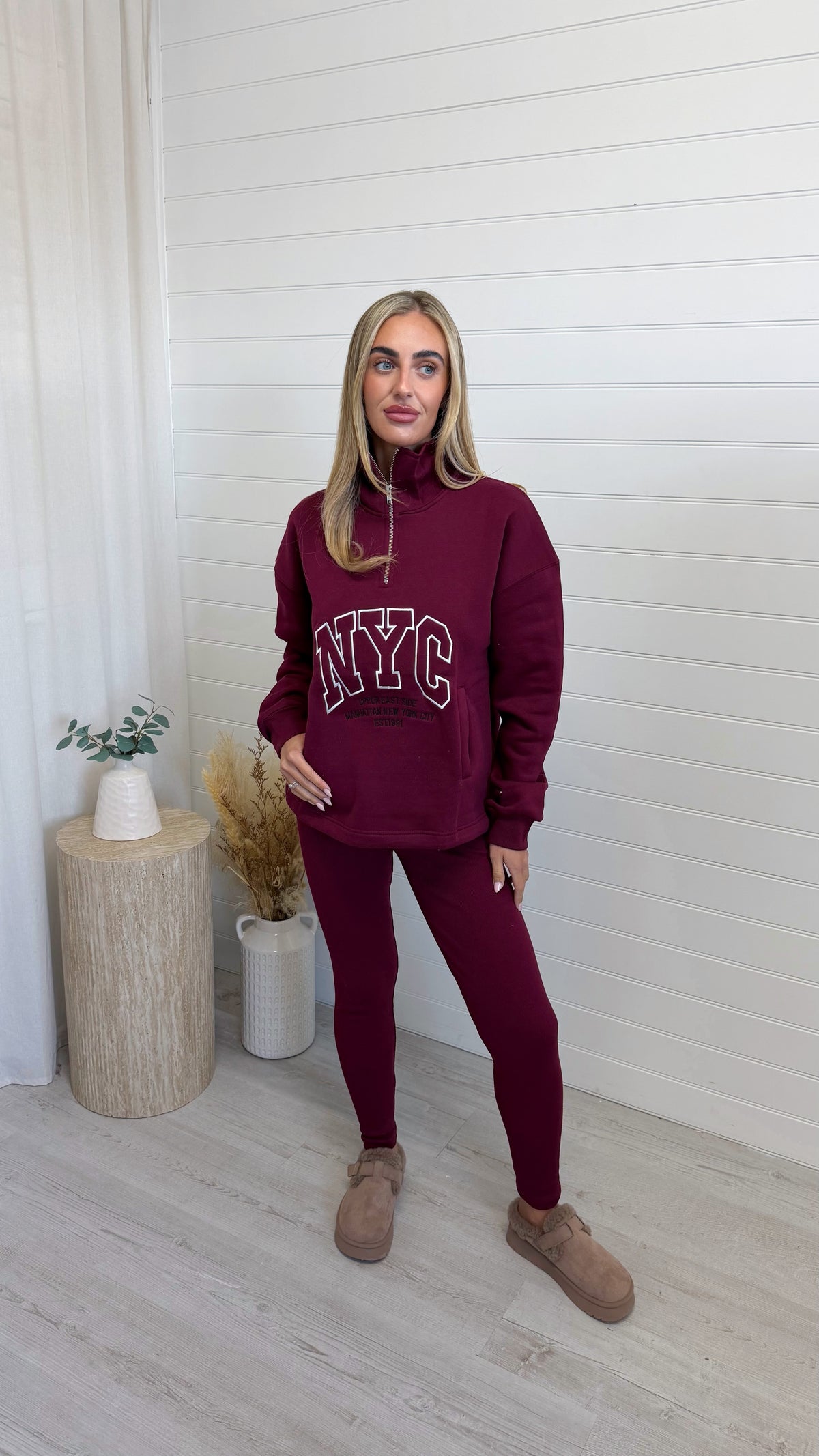 NYC Sweatshirt and Ribbed Leggings Co-Ord - BURGUNDY