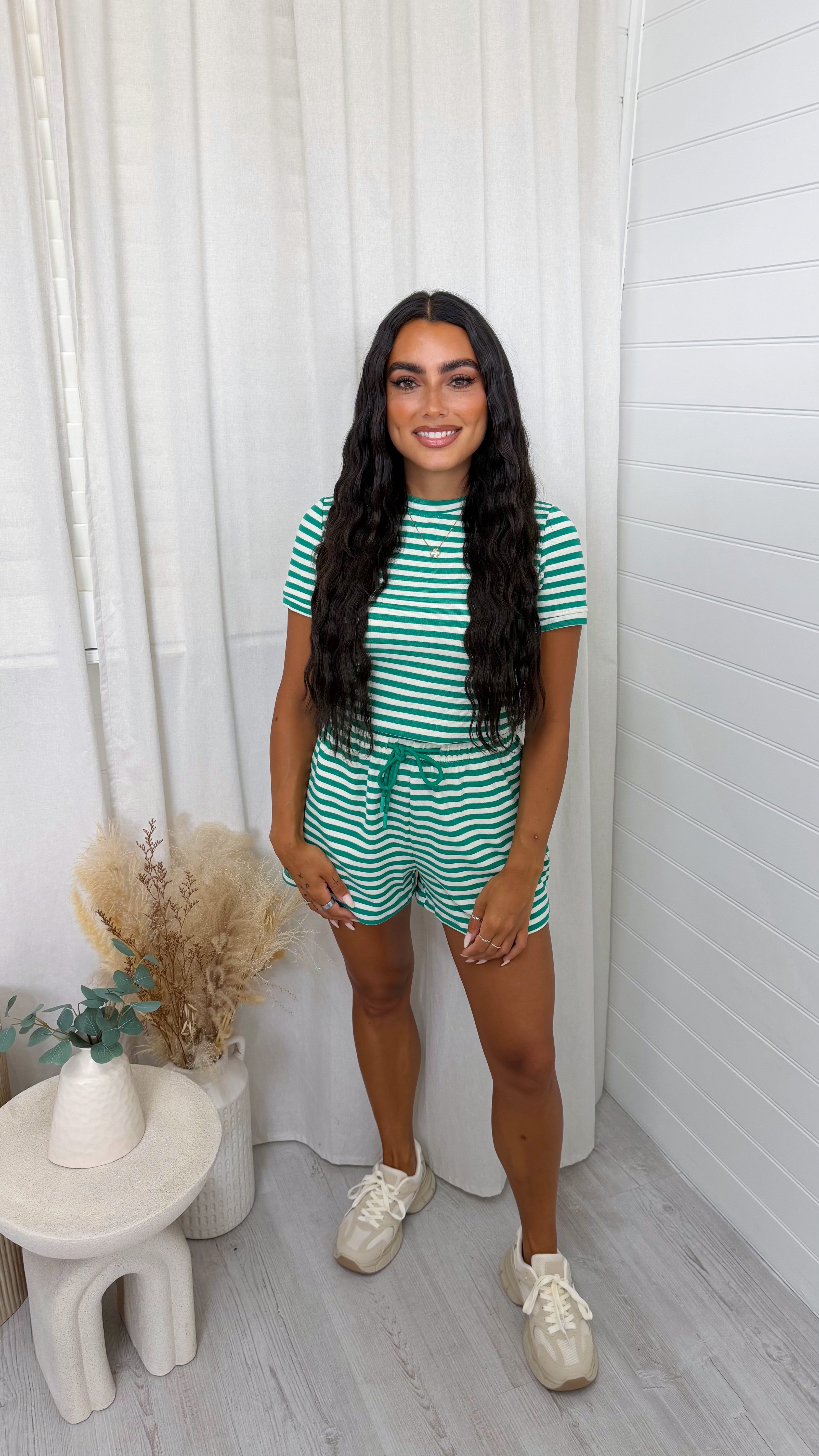 Colour Block Stripe T-Shirt and Shorts Co-Ord - GREEN