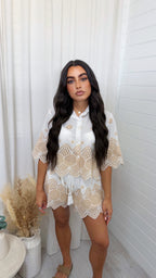 Embroidery Anglaise Scalloped Shirt and Shorts Co-Ord - WHITE