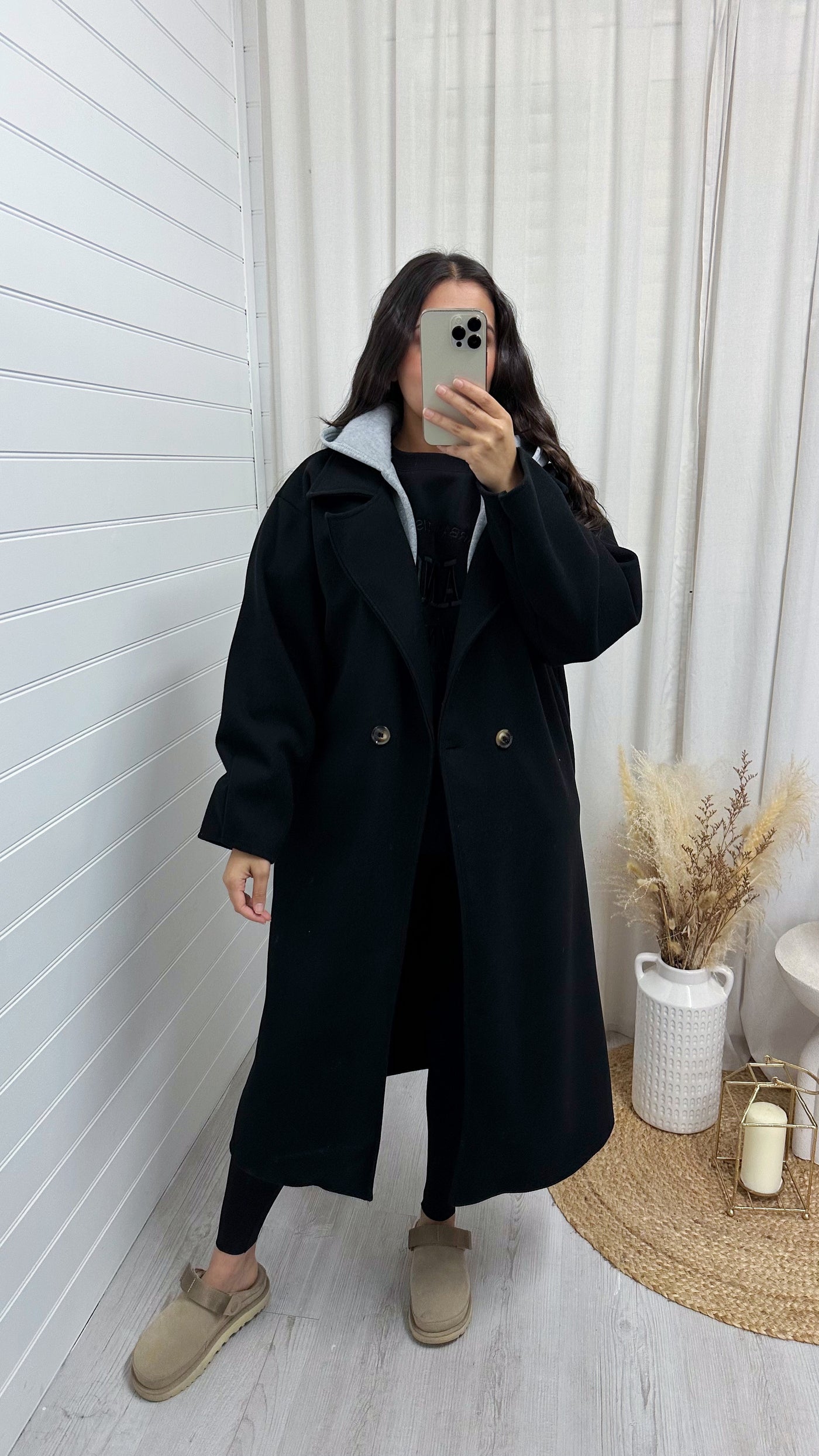 Oversized Woollen Hooded Mac - BLACK