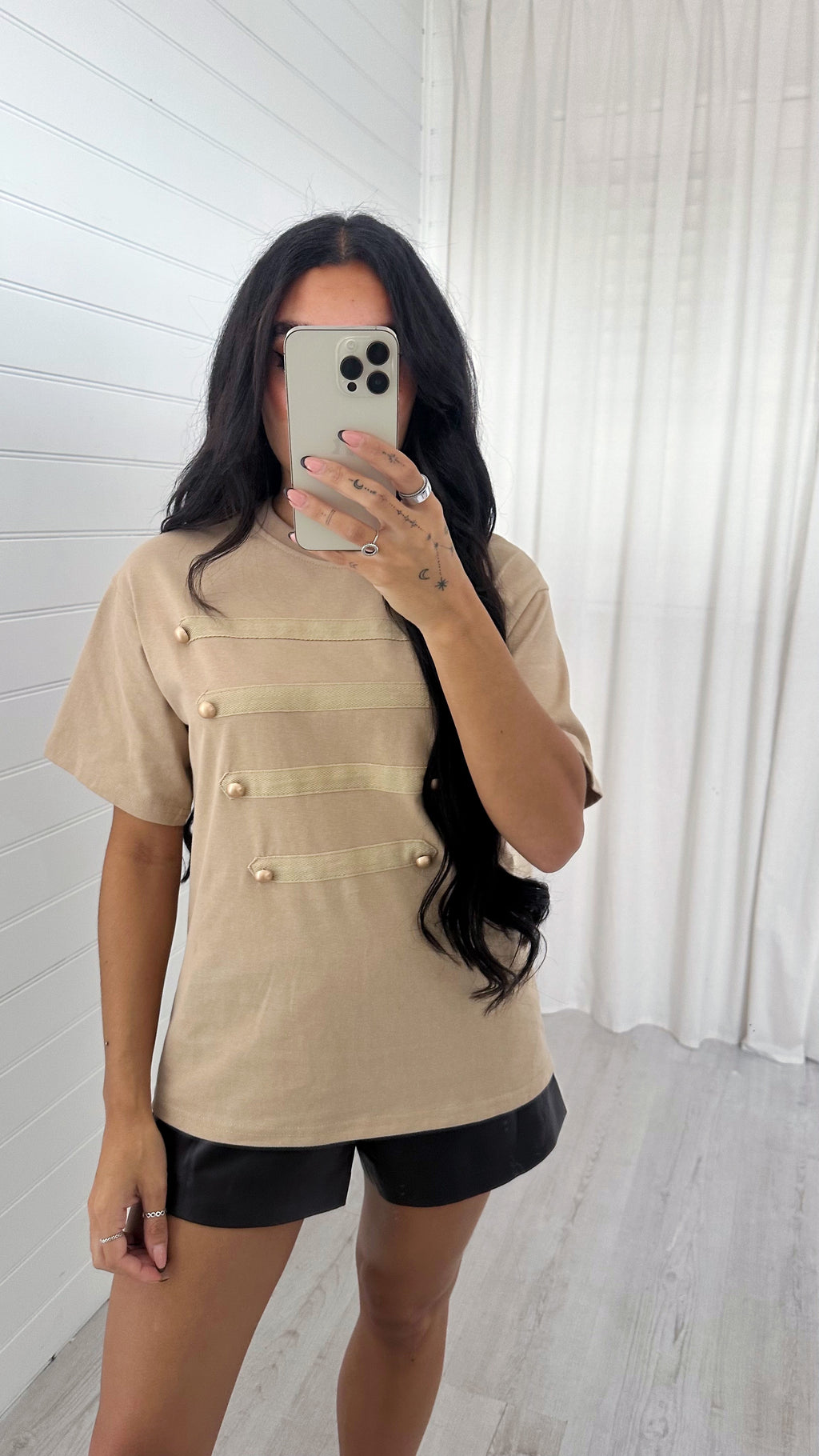 Button Front T-Shirt - BEIGE