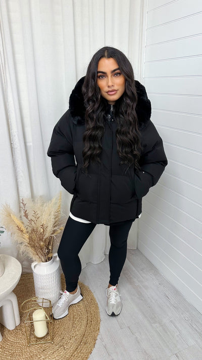 Faux Fur Hooded Puffer Coat - BLACK