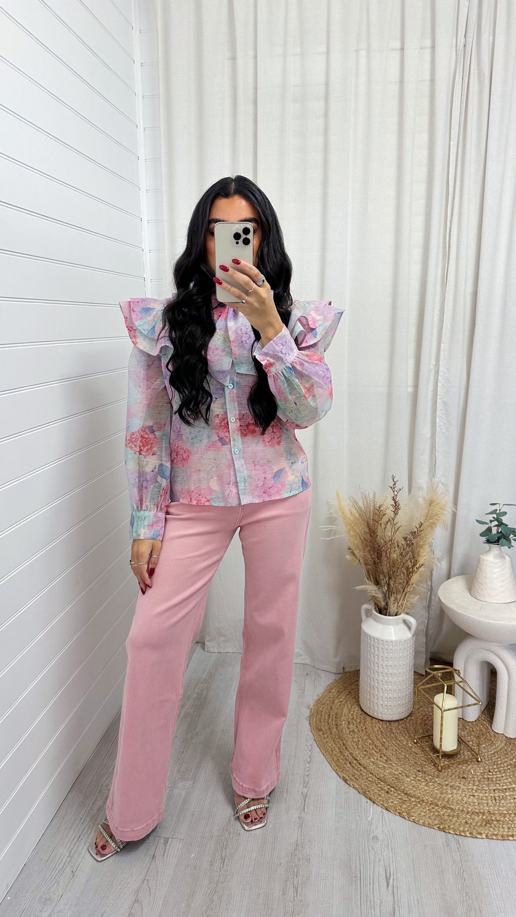 Frill Shoulder Sheer Floral Shirt - PINK/GREEN