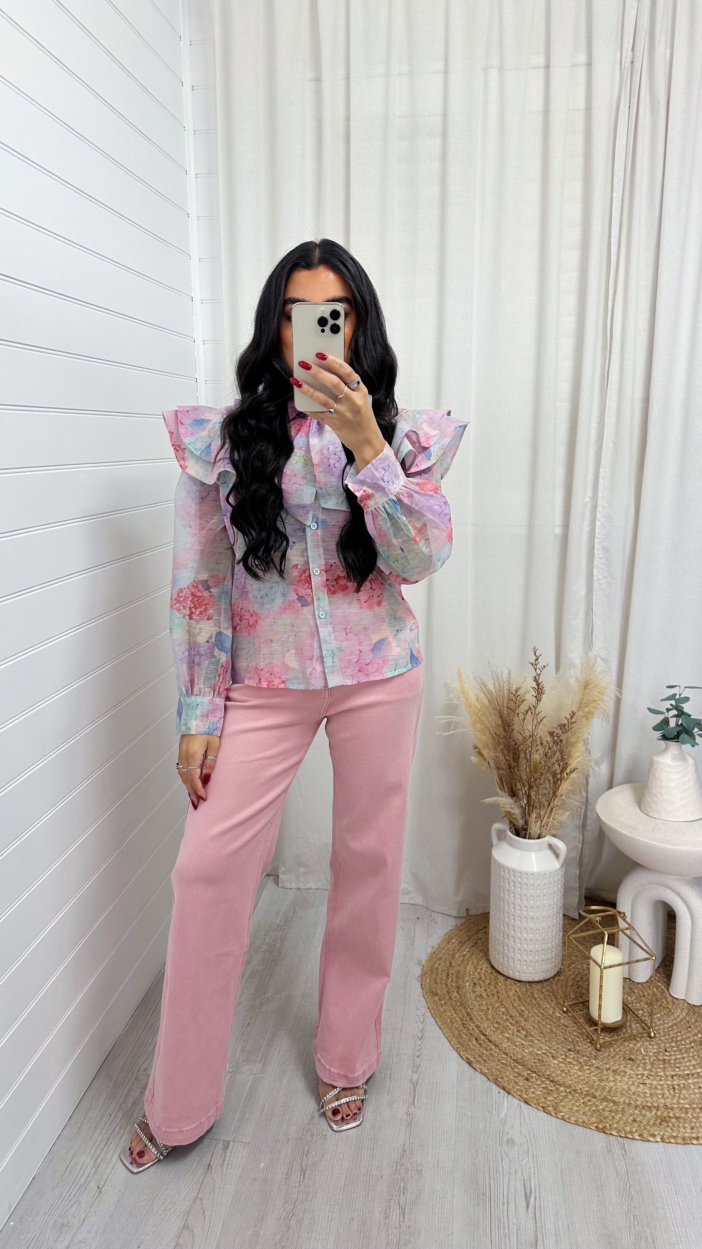 Frill Shoulder Sheer Floral Shirt - PINK/GREEN