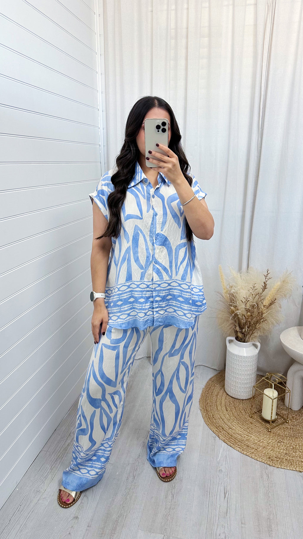 Leaf Print Shirt and Trousers Co-Ord - BLUE