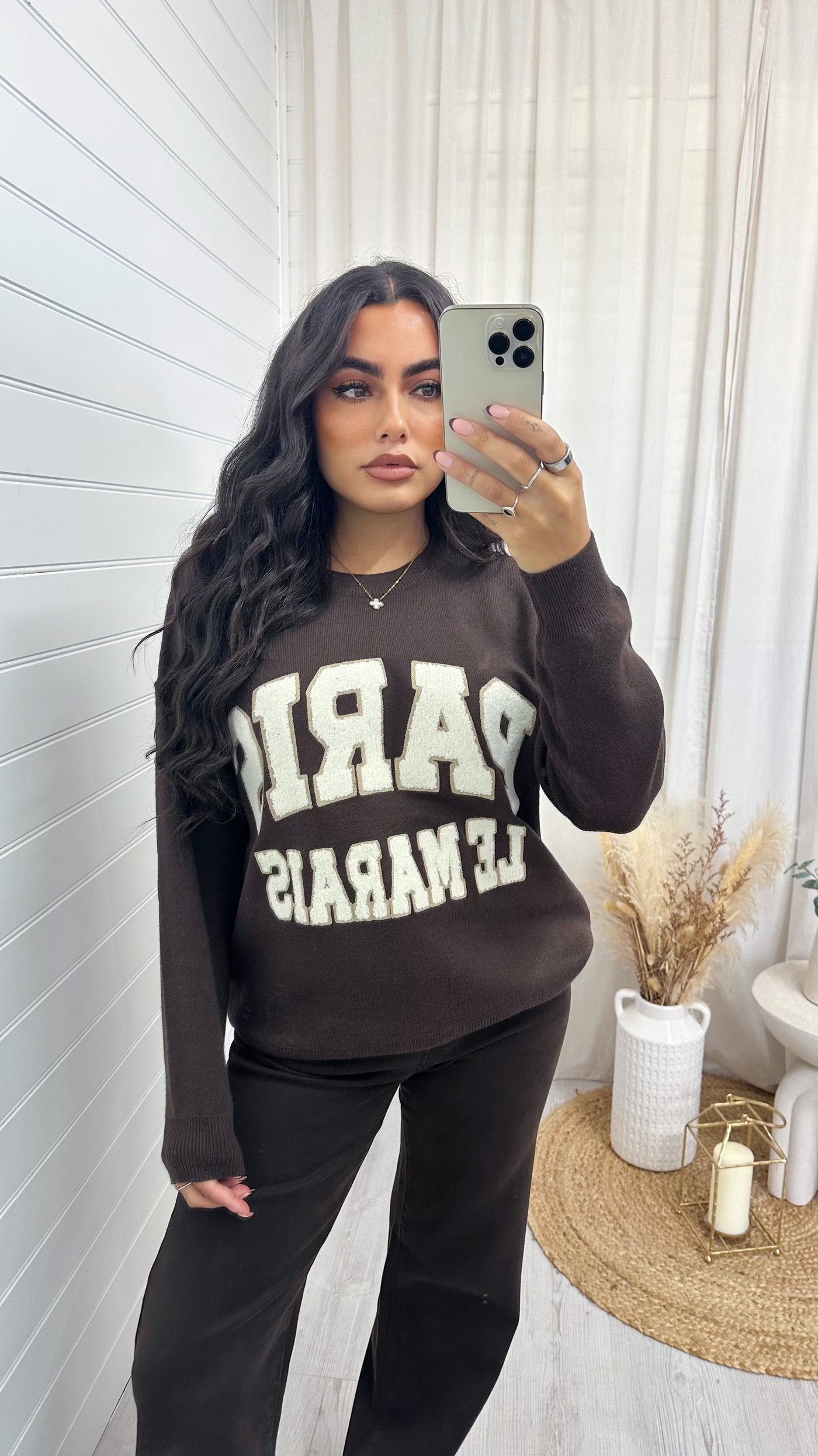PARIS Graphic Slogan Knitted Jumper - BROWN