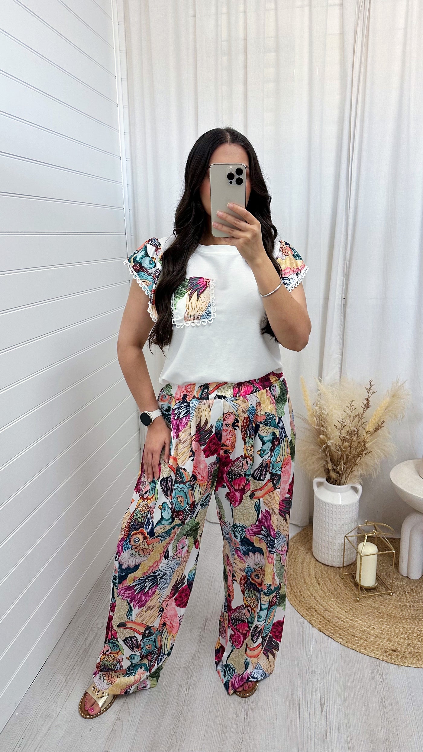 Bird Print Frill T-Shirt and Trousers Co-Ord