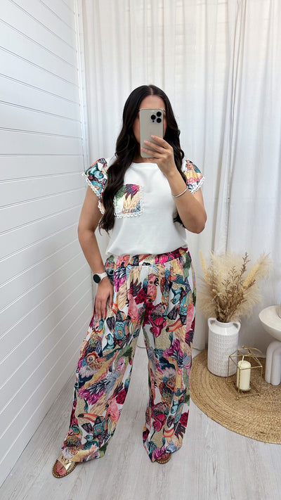 Bird Print Frill T-Shirt and Trousers Co-Ord
