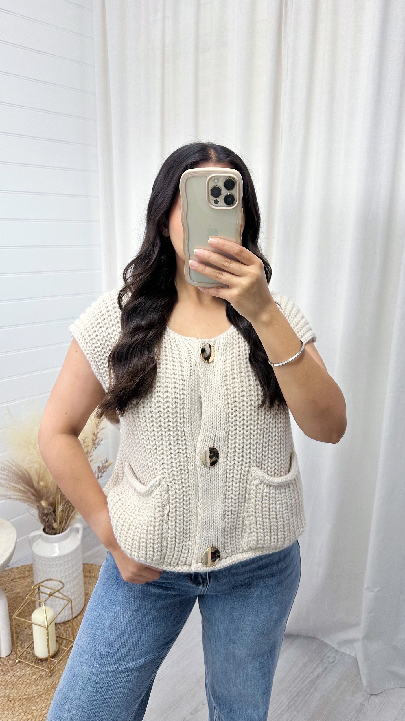 Gold Button Knitted Waistcoat - BEIGE