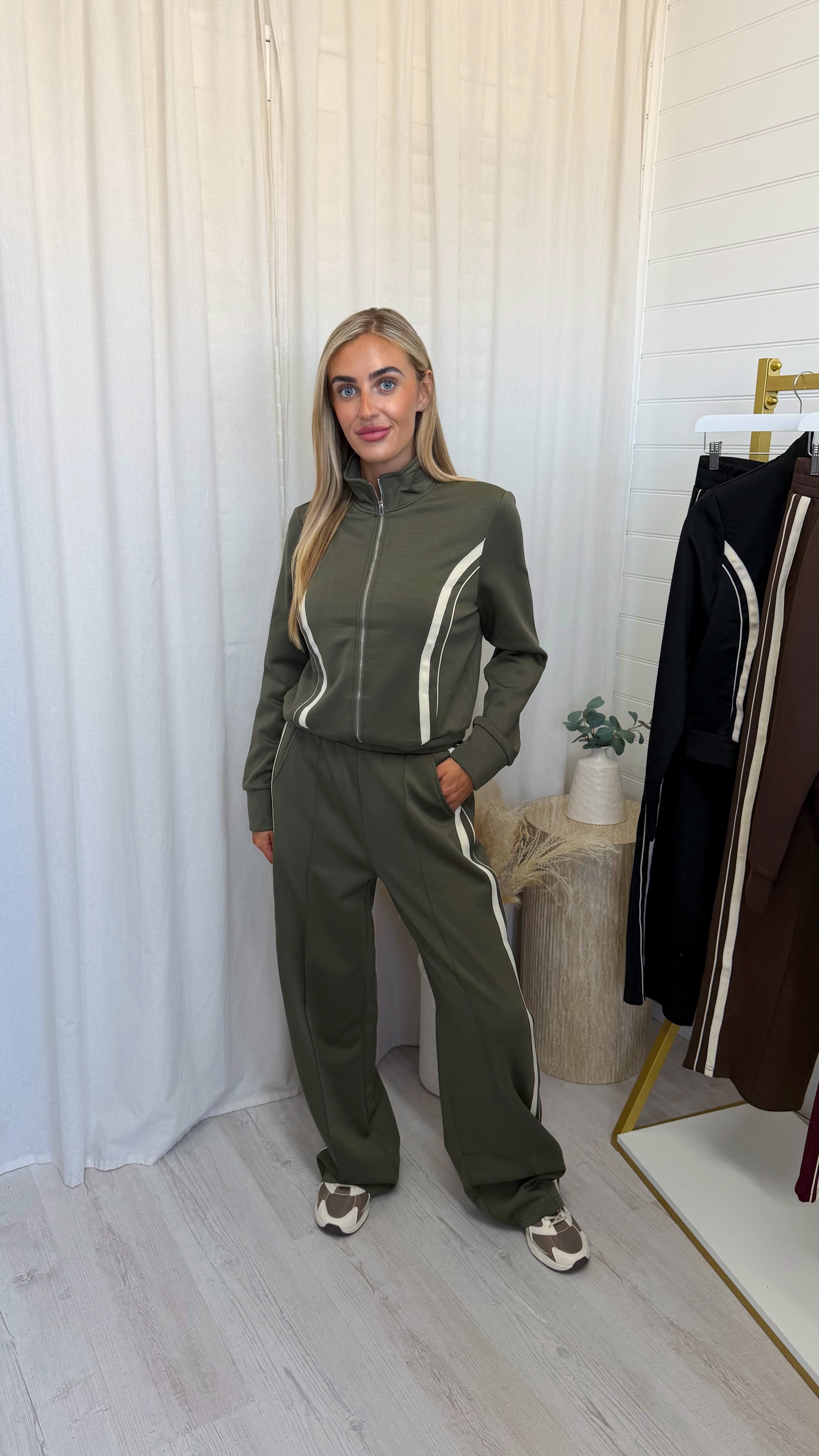 Contrast Stripe Jacket and Joggers Tracksuit - KHAKI