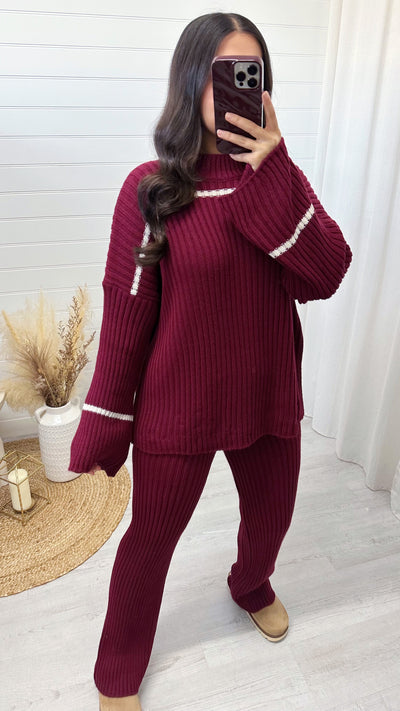 Chunky Knitted Stripe Co-Ord - WINE