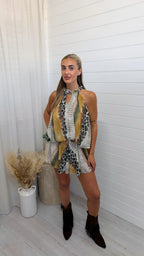 Rope Collar Reptile Print Playsuit - MUSTARD