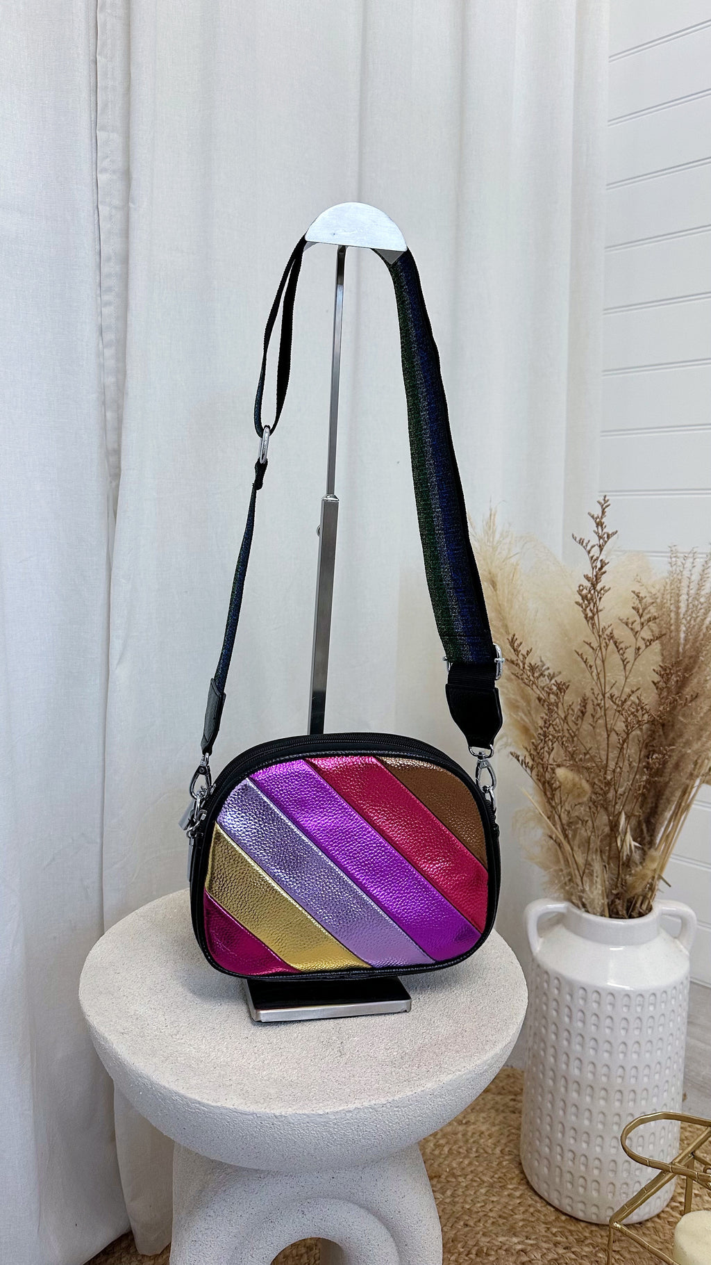 Multicolour Metallic Stripe Cross Body Bag - BLACK