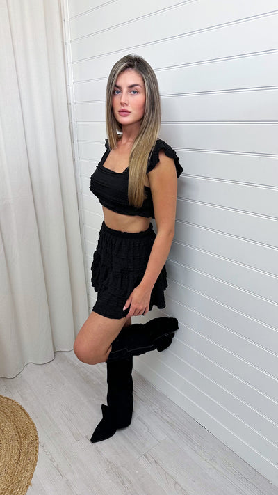 Frill Layered Crop Top and Skirt Co-Ord - BLACK