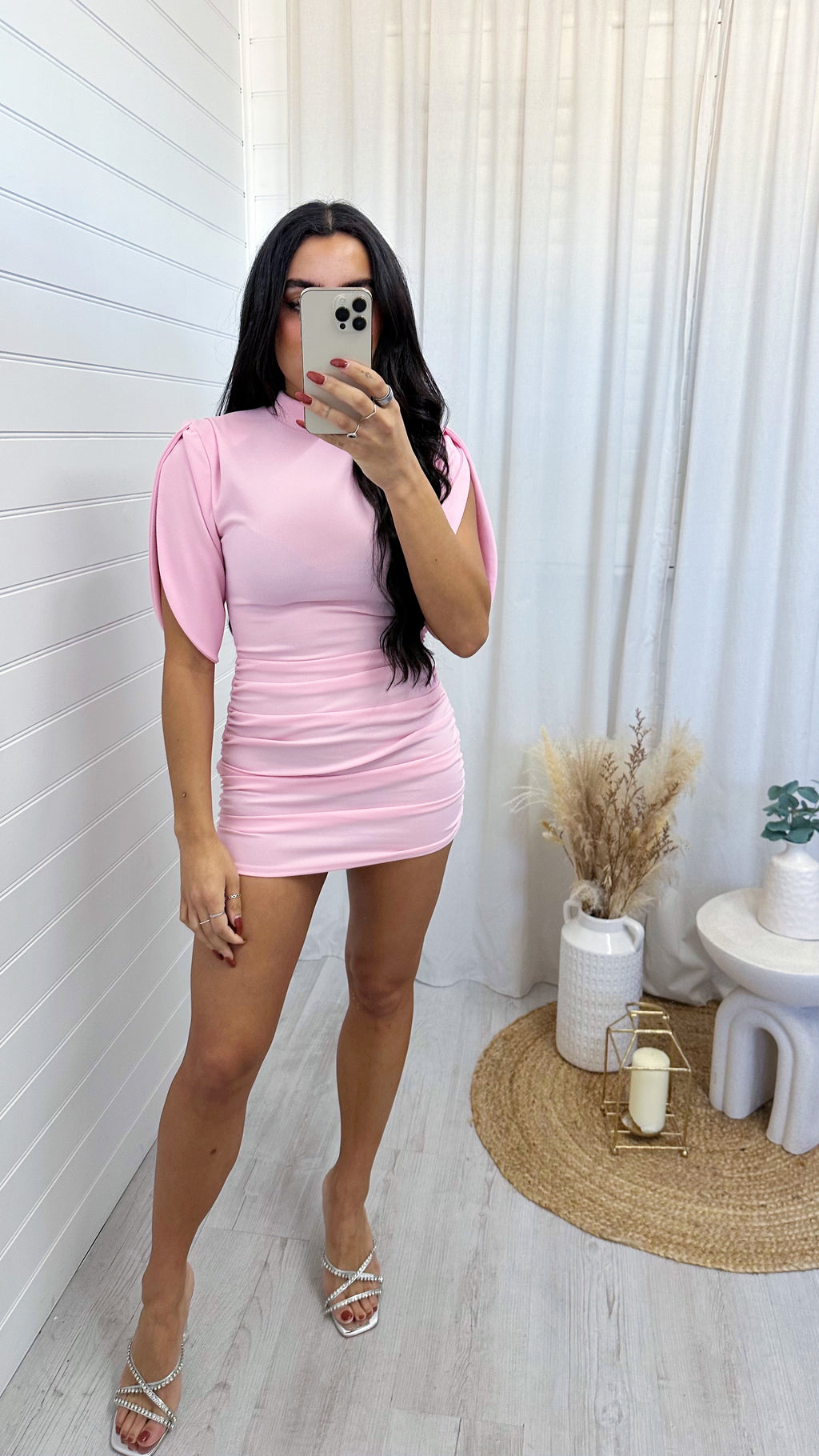 Ruched Shoulder Padded Mini Dress - PINK