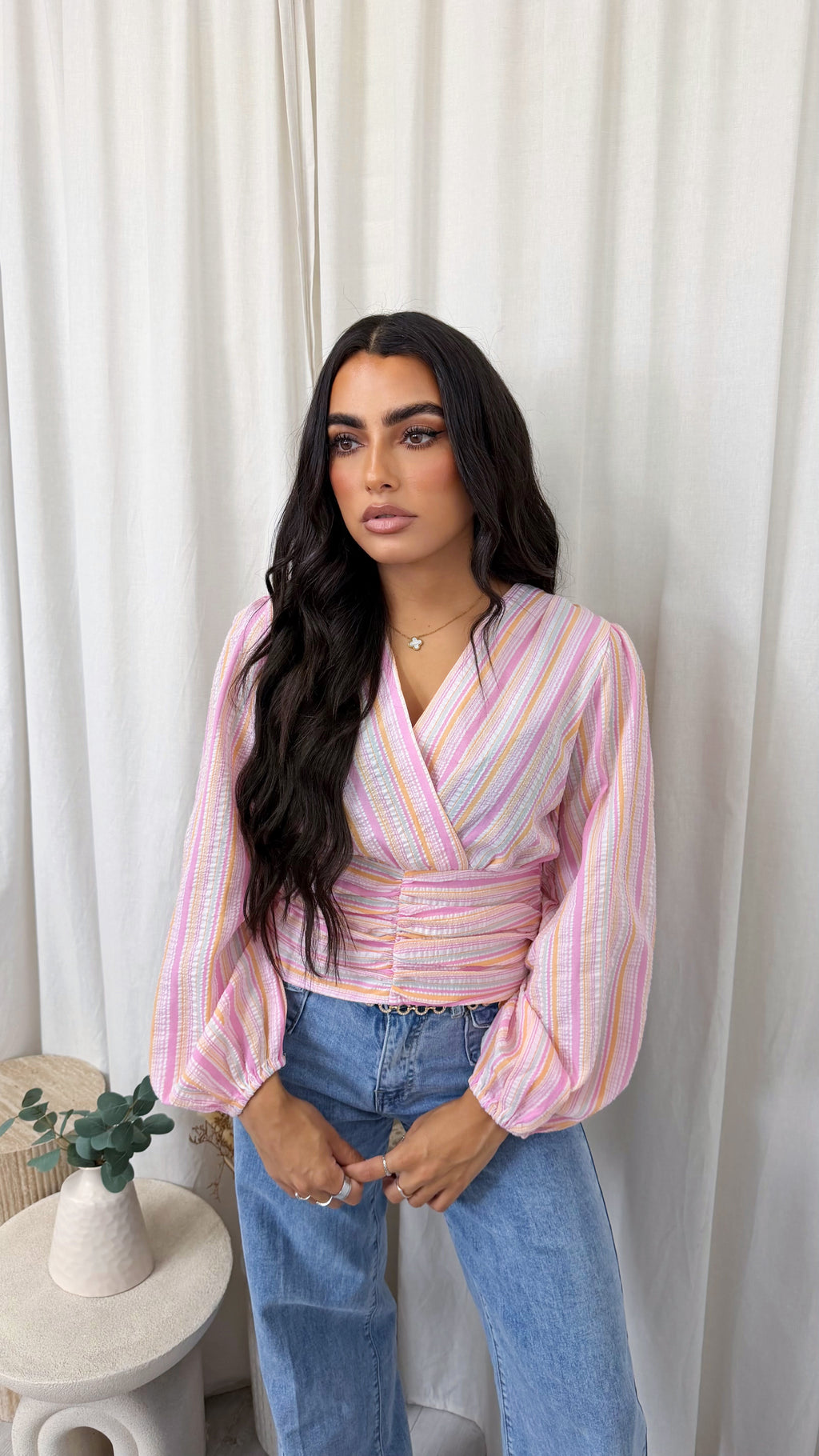 Pinstripe Wrap Over Crop Blouse - BABY PINK