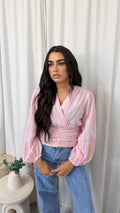 Pinstripe Wrap Over Crop Blouse - BABY PINK