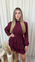 Cinched Waist Chiffon Frill Tiered Dress - WINE