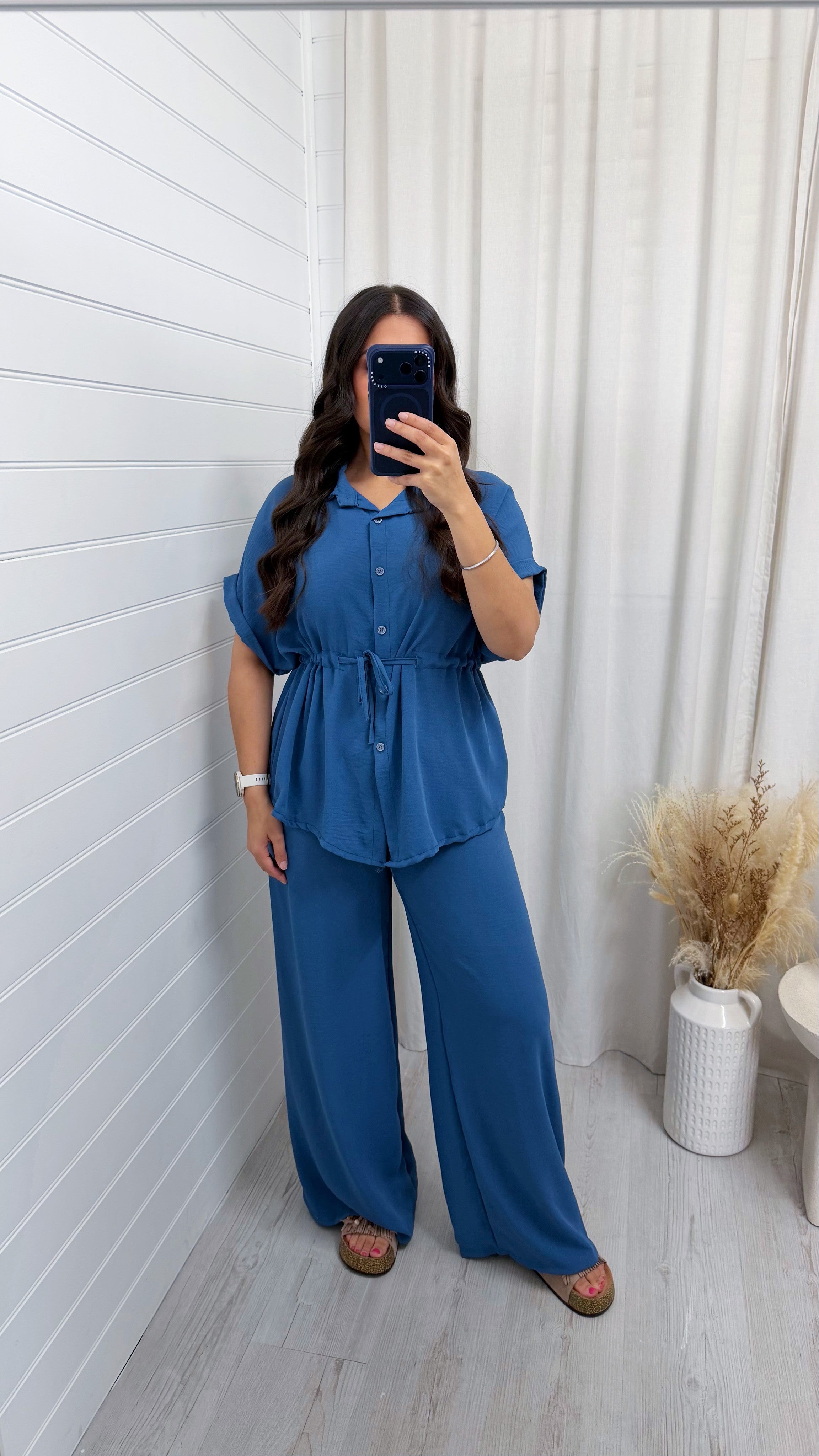 Cinched Shirt and Trousers Co-Ord - DENIM BLUE