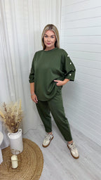 Button Shoulder Top and Barrel Fit Joggers Co-Ord - KHAKI