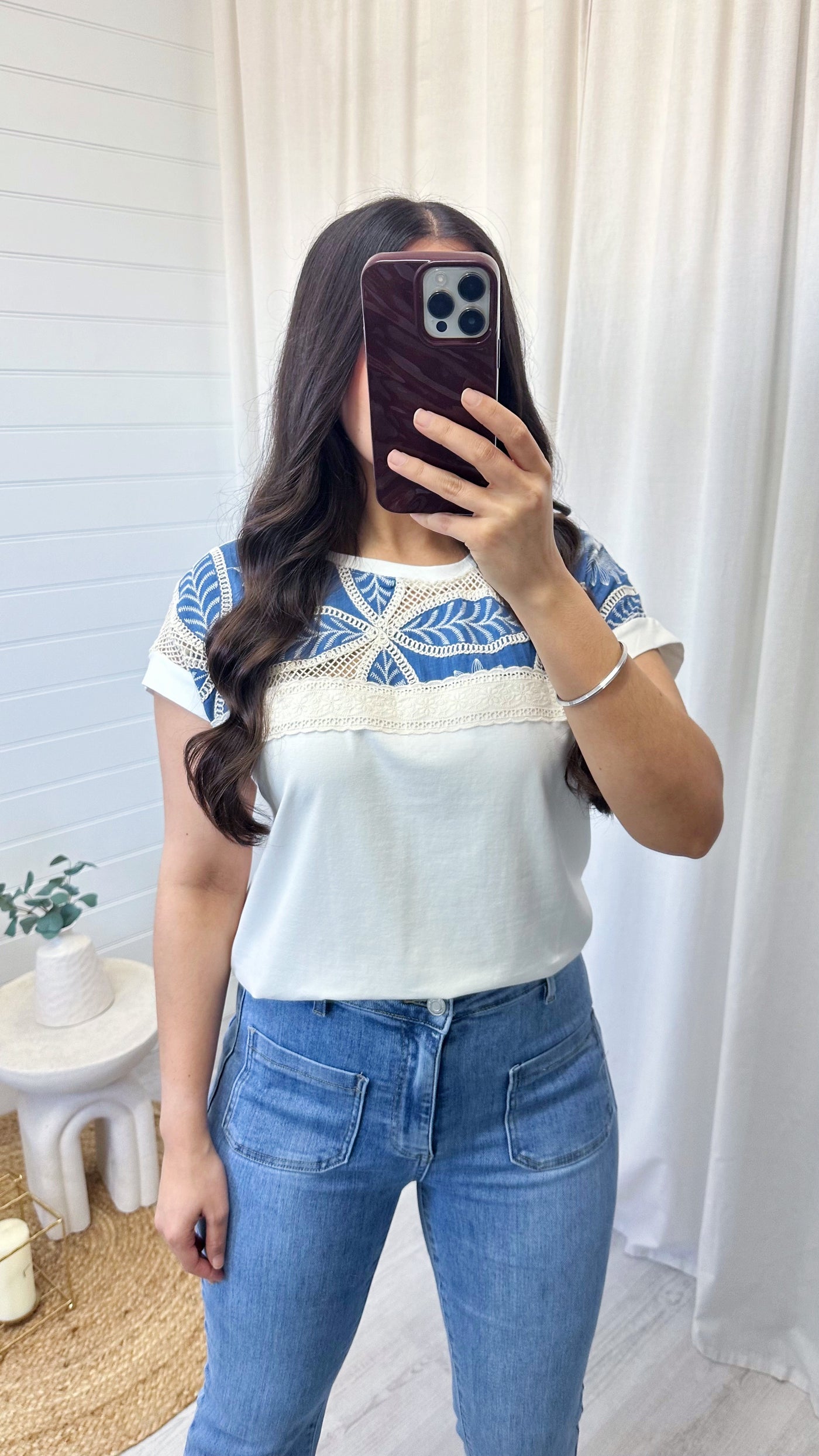 Crochet Denim Panel T-Shirt - WHITE