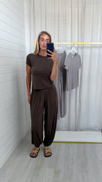 Fine Rib T-Shirt and Balloon Trousers Co-Ord - BROWN