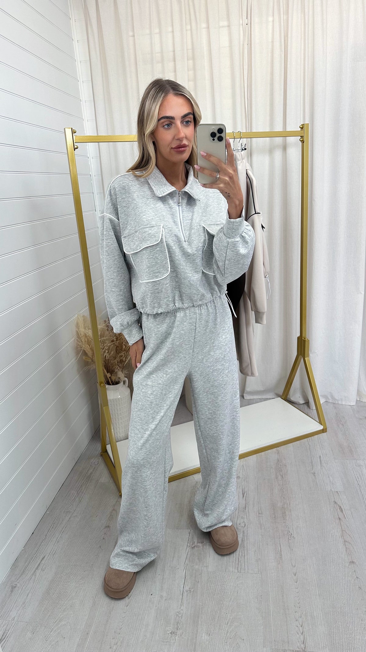 Contrast Piped Quarter Zip Sweatshirt and Joggers Co-Ord - GREY