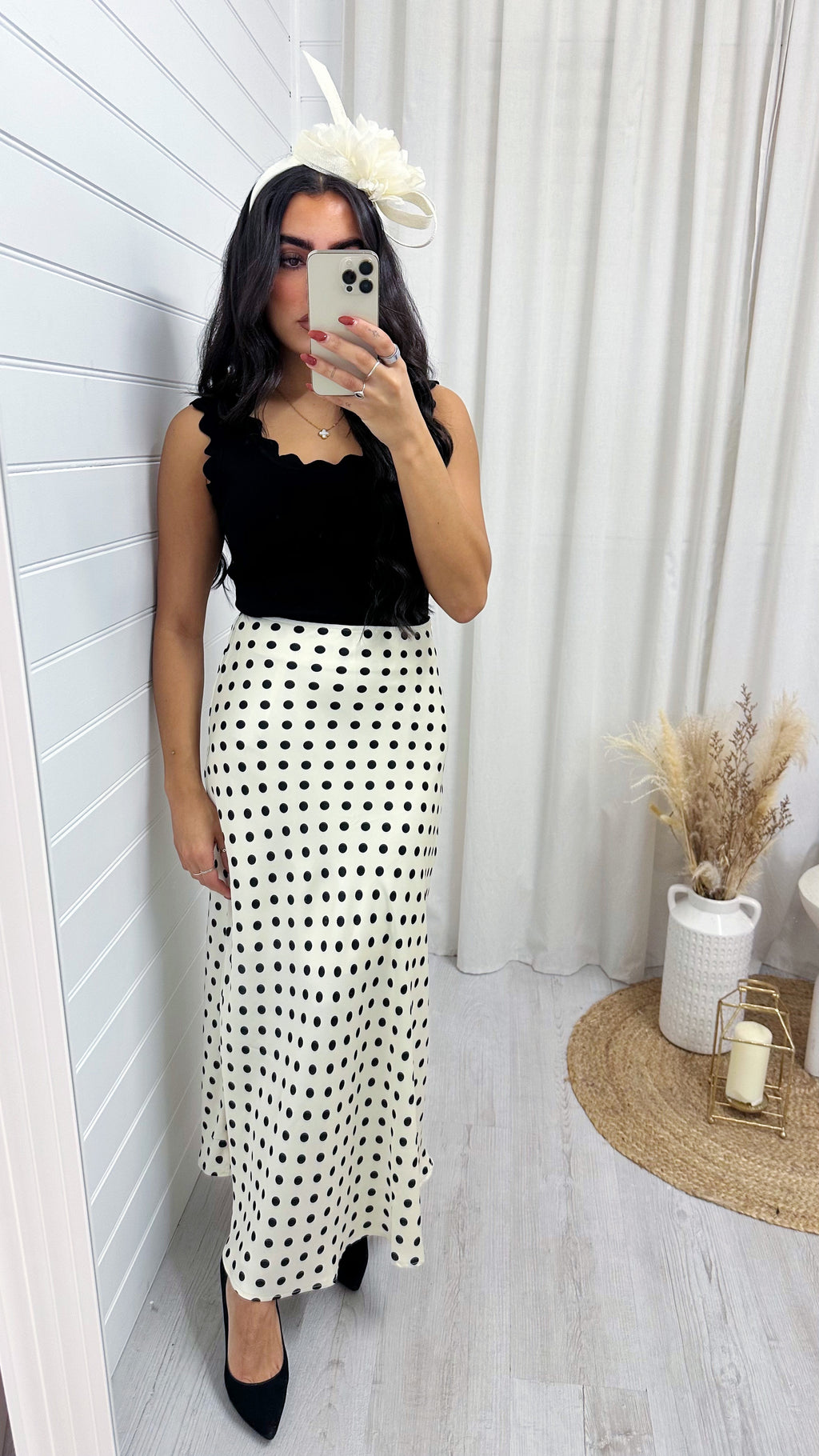 Polka Dot Satin Midi Skirt - CREAM