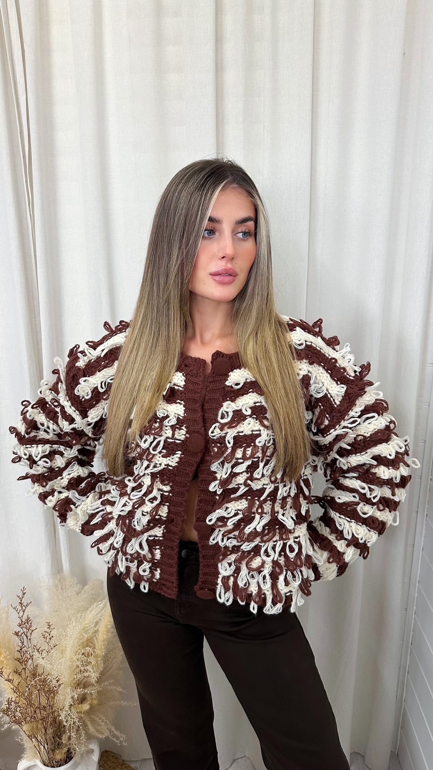 Loop Tassel Chunky Knitted Stripe Cardigan - BROWN